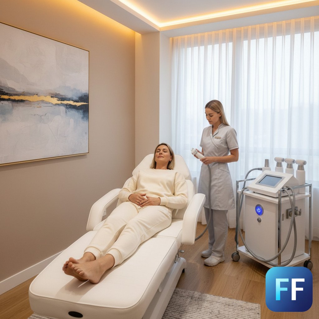 Client relaxing in a modern clinic before a non-surgical body contouring treatment