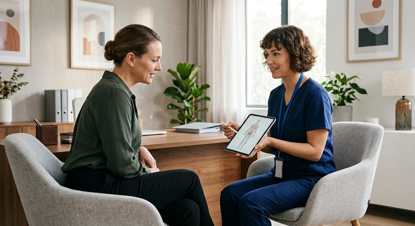 Practitioner discussing body contouring treatment choices with a client in clinic