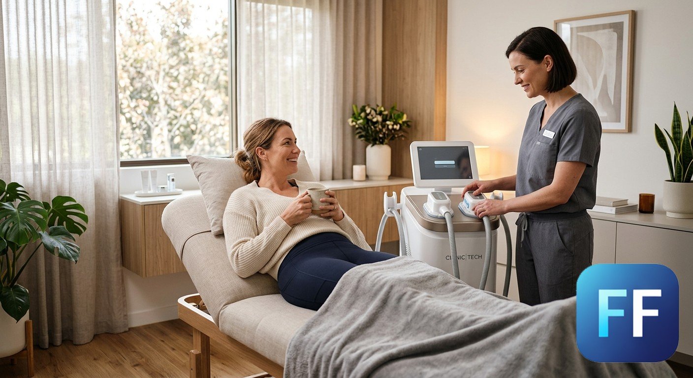 Patient relaxing during a fat freezing appointment in a modern clinic