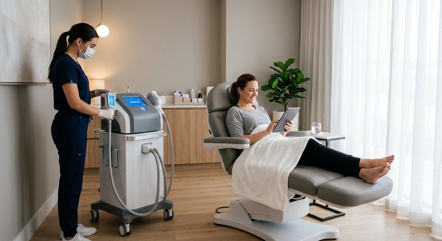 Client relaxing in a modern clinic during a non-invasive body contouring consultation